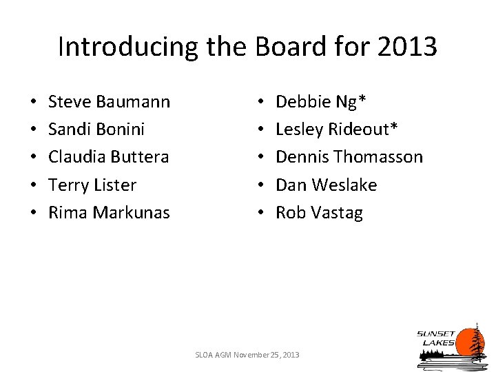 Introducing the Board for 2013 • • • Steve Baumann Sandi Bonini Claudia Buttera