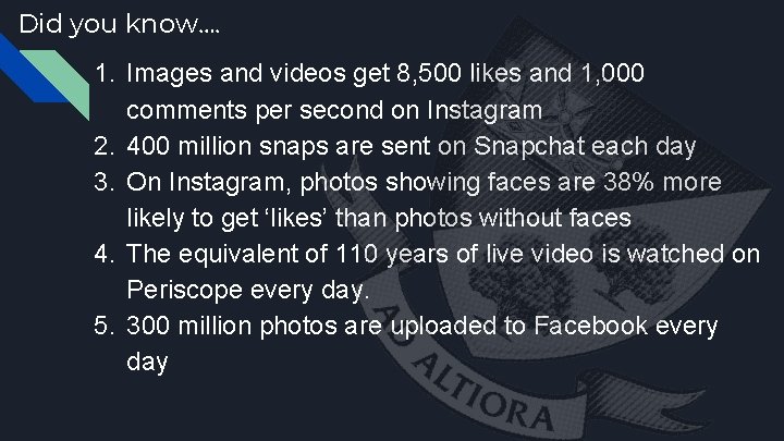 Did you know…. 1. Images and videos get 8, 500 likes and 1, 000