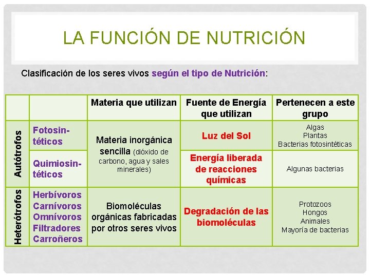 LA FUNCIÓN DE NUTRICIÓN Clasificación de los seres vivos según el tipo de Nutrición: