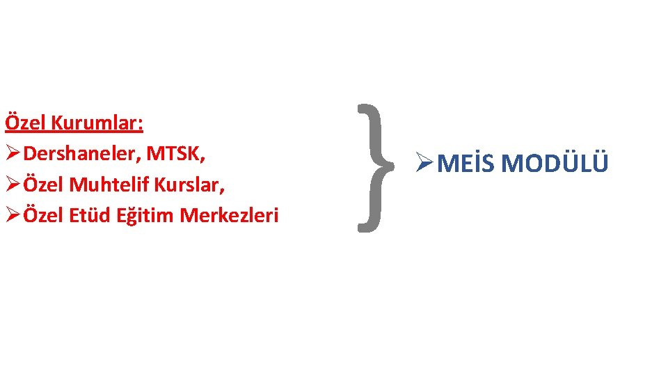 Özel Kurumlar: ØDershaneler, MTSK, ØÖzel Muhtelif Kurslar, ØÖzel Etüd Eğitim Merkezleri } ØMEİS MODÜLÜ