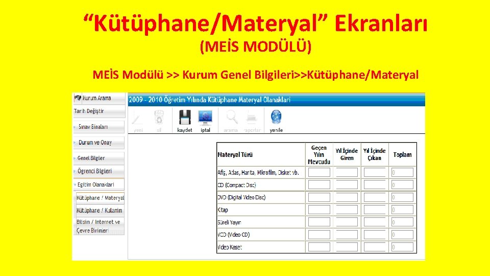 “Kütüphane/Materyal” Ekranları (MEİS MODÜLÜ) MEİS Modülü >> Kurum Genel Bilgileri>>Kütüphane/Materyal 