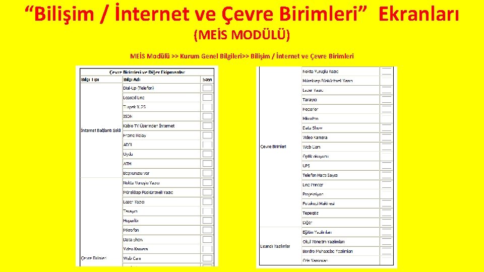 “Bilişim / İnternet ve Çevre Birimleri” Ekranları (MEİS MODÜLÜ) MEİS Modülü >> Kurum Genel