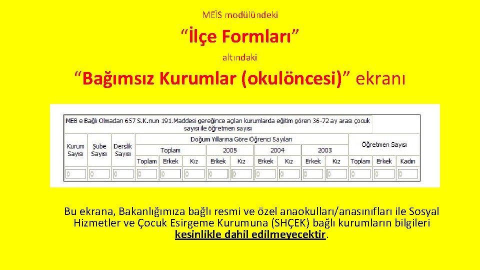 MEİS modülündeki “İlçe Formları” altındaki “Bağımsız Kurumlar (okulöncesi)” ekranı Bu ekrana, Bakanlığımıza bağlı resmi