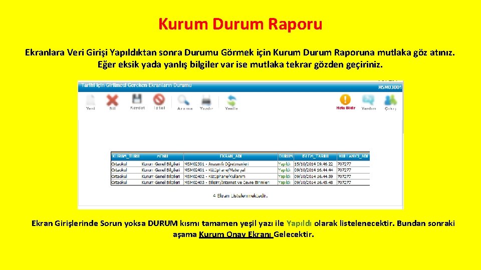 Kurum Durum Raporu Ekranlara Veri Girişi Yapıldıktan sonra Durumu Görmek için Kurum Durum Raporuna