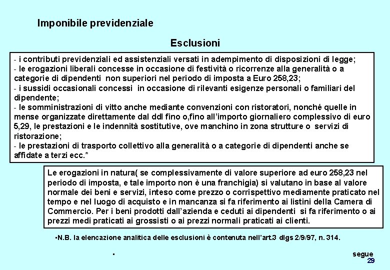 Imponibile previdenziale Esclusioni - i contributi previdenziali ed assistenziali versati in adempimento di disposizioni