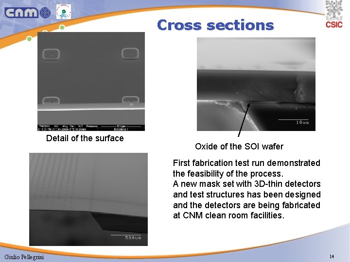 Cross sections Detail of the surface Oxide of the SOI wafer First fabrication test