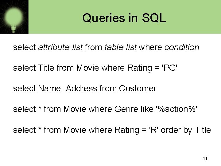 Queries in SQL select attribute-list from table-list where condition select Title from Movie where