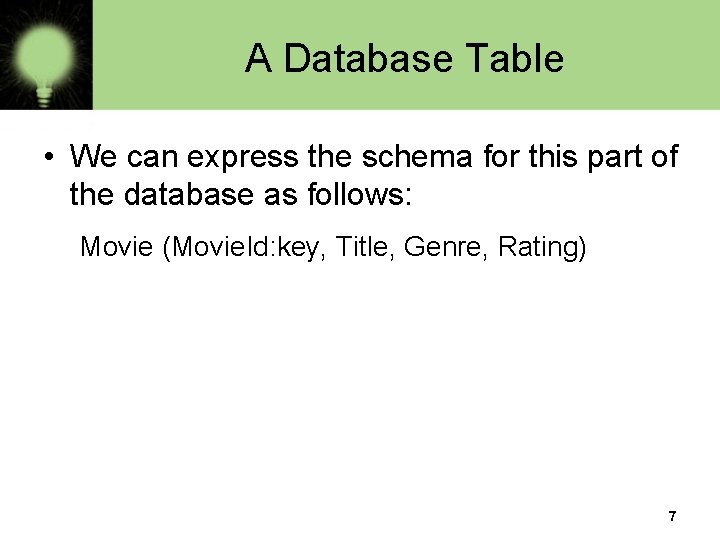 A Database Table • We can express the schema for this part of the