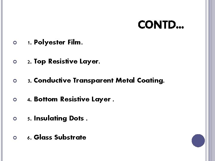 CONTD… 1. Polyester Film. 2. Top Resistive Layer. 3. Conductive Transparent Metal Coating. 4.