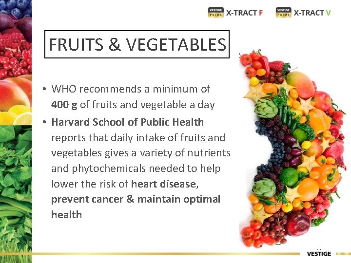 FRUITS & VEGETABLES • WHO recommends a minimum of 400 g of fruits and