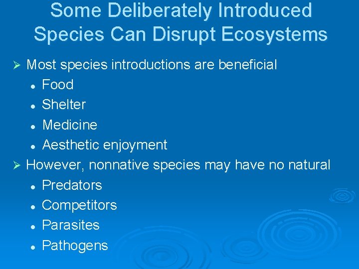 Some Deliberately Introduced Species Can Disrupt Ecosystems Most species introductions are beneficial l Food