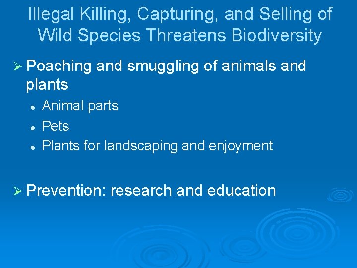 Illegal Killing, Capturing, and Selling of Wild Species Threatens Biodiversity Ø Poaching and smuggling
