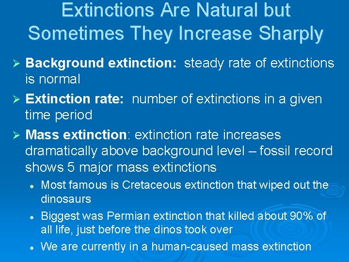 Extinctions Are Natural but Sometimes They Increase Sharply Background extinction: steady rate of extinctions