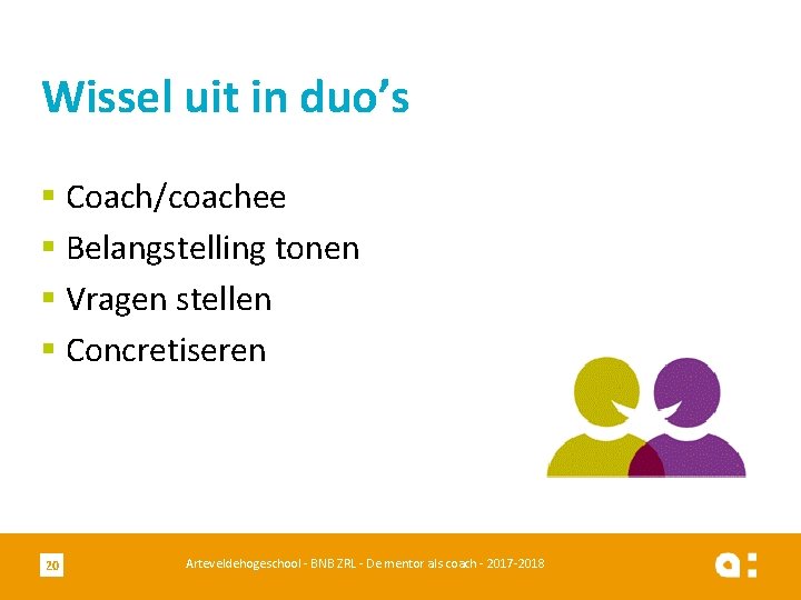 Wissel uit in duo’s § Coach/coachee § Belangstelling tonen § Vragen stellen § Concretiseren