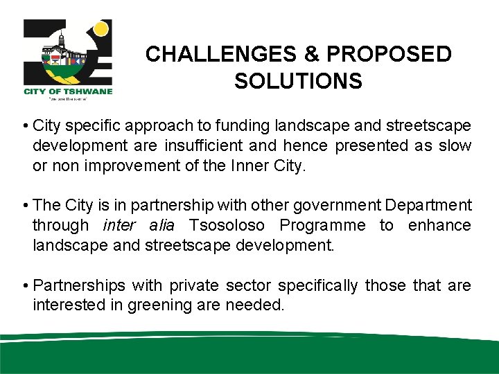 CHALLENGES & PROPOSED SOLUTIONS • City specific approach to funding landscape and streetscape development