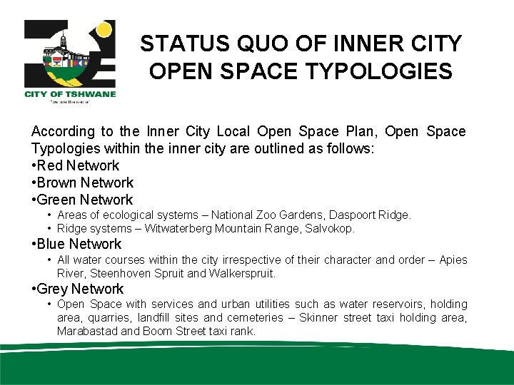 STATUS QUO OF INNER CITY OPEN SPACE TYPOLOGIES According to the Inner City Local