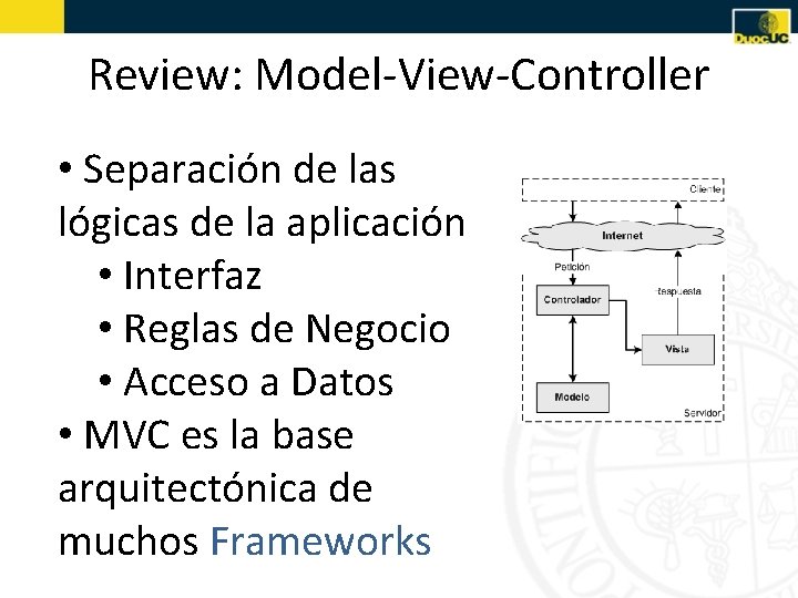 Review: Model-View-Controller • Separación de las lógicas de la aplicación • Interfaz • Reglas