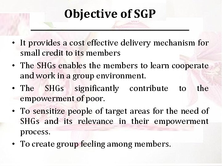 Objective of SGP • It provides a cost effective delivery mechanism for small credit