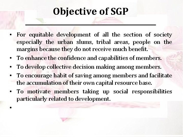 Objective of SGP • For equitable development of all the section of society especially