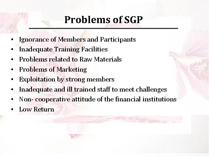 Problems of SGP • • Ignorance of Members and Participants Inadequate Training Facilities Problems