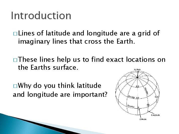 Introduction � Lines of latitude and longitude are a grid of imaginary lines that