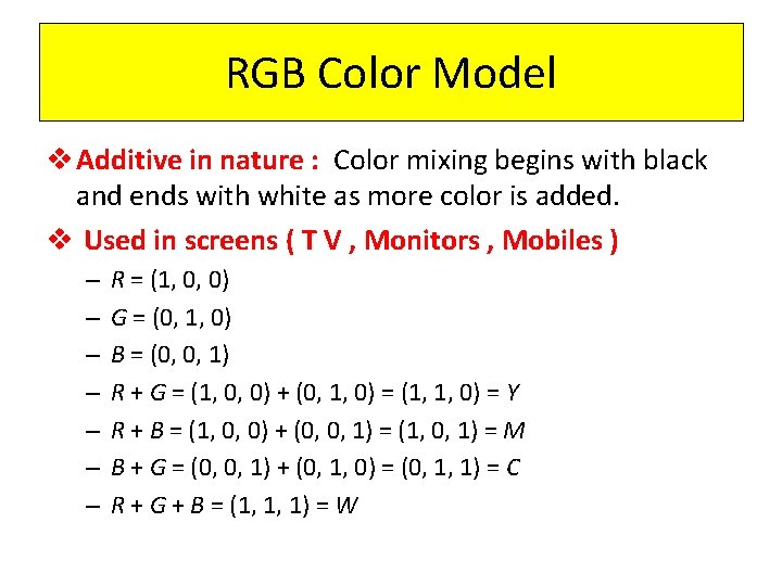 RGB Color Model v Additive in nature : Color mixing begins with black and