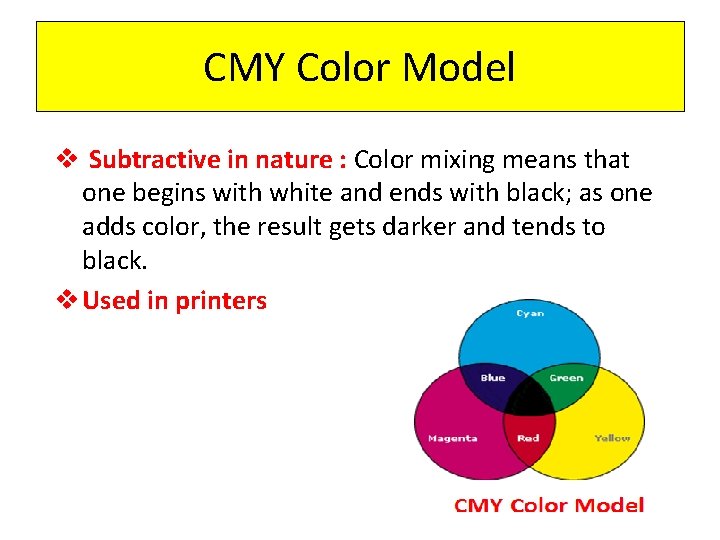 CMY Color Model v Subtractive in nature : Color mixing means that one begins