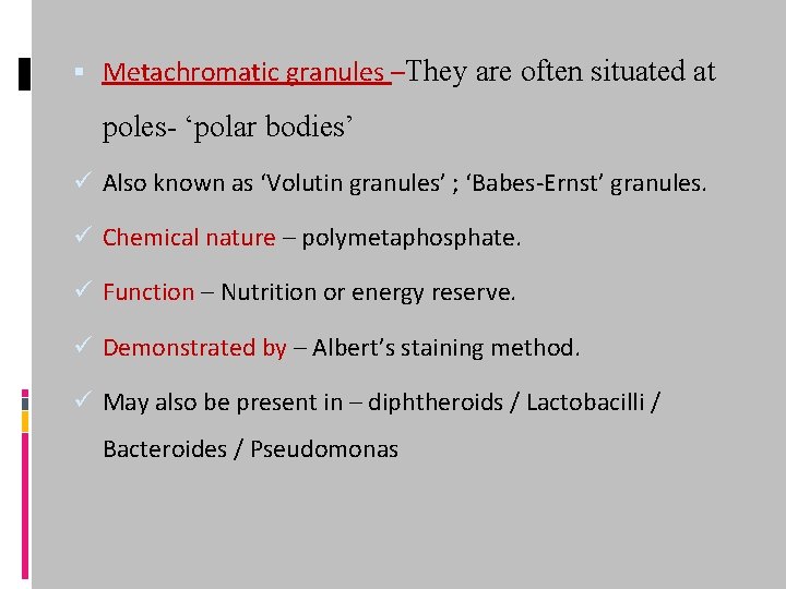  Metachromatic granules –They are often situated at poles- ‘polar bodies’ ü Also known