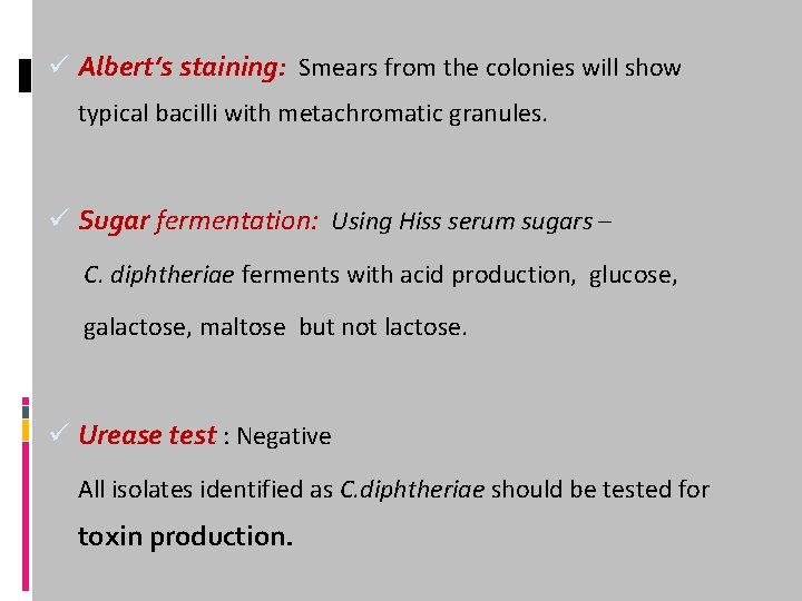 ü Albert’s staining: Smears from the colonies will show typical bacilli with metachromatic granules.