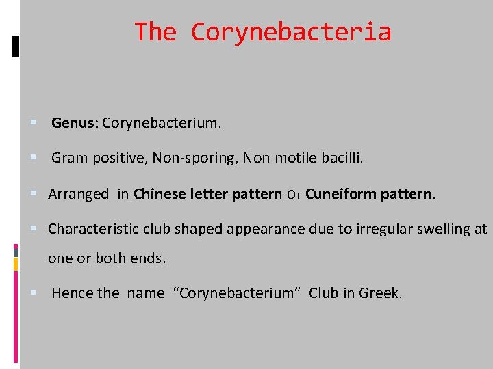 The Corynebacteria Genus: Corynebacterium. Gram positive, Non-sporing, Non motile bacilli. Arranged in Chinese letter