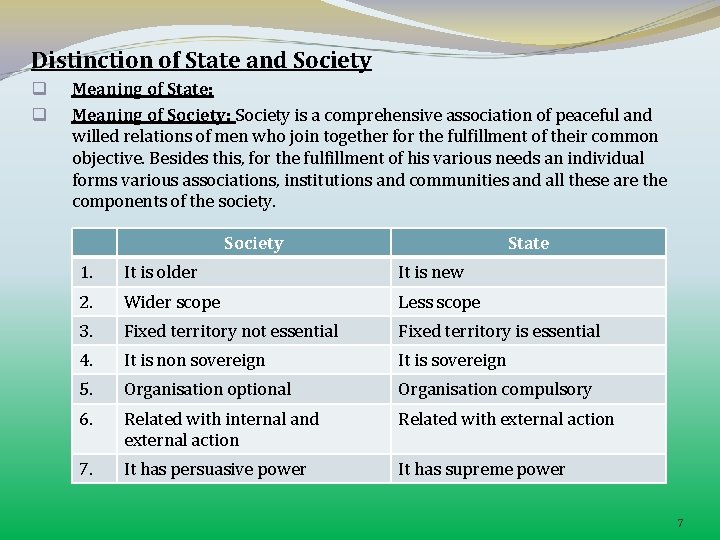 Distinction of State and Society q q Meaning of State: Meaning of Society: Society