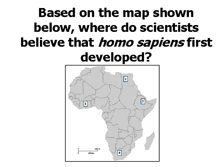 Based on the map shown below, where do scientists believe that homo sapiens first