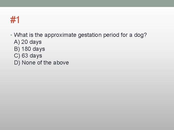 #1 • What is the approximate gestation period for a dog? A) 20 days