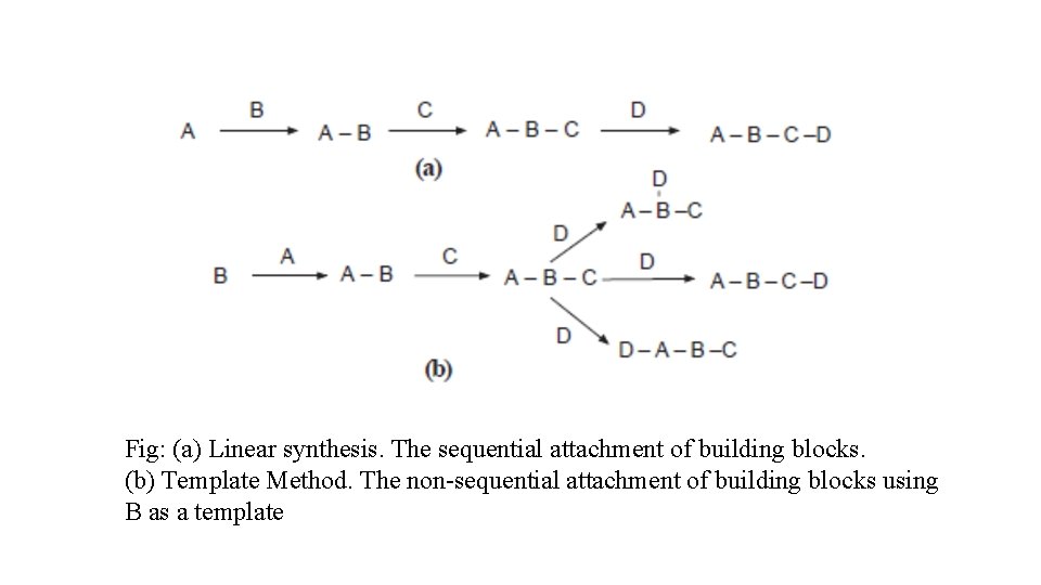 Fig: (a) Linear synthesis. The sequential attachment of building blocks. (b) Template Method. The