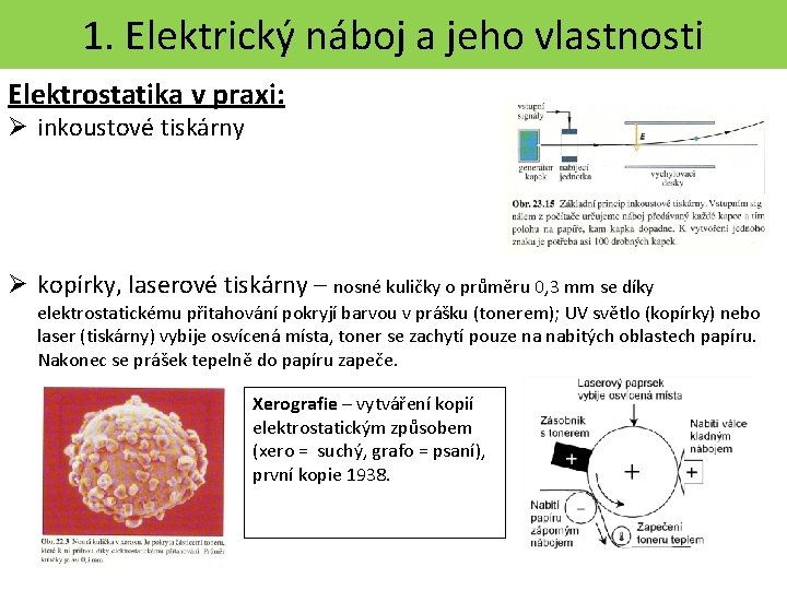 1. Elektrický náboj a jeho vlastnosti Elektrostatika v praxi: Ø inkoustové tiskárny Ø kopírky,