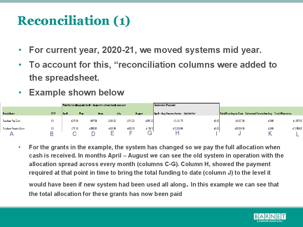 Reconciliation (1) • For current year, 2020 -21, we moved systems mid year. •