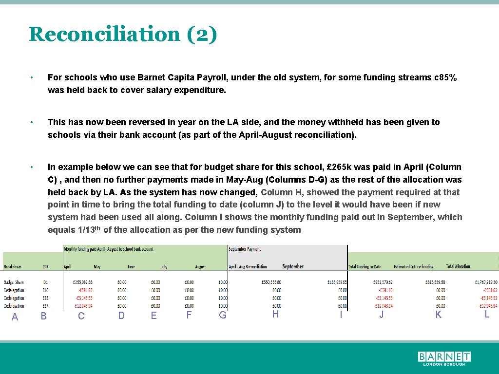 Reconciliation (2) A • For schools who use Barnet Capita Payroll, under the old