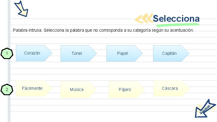 Selecciona Palabra intrusa: Selecciona la palabra que no corresponda a su categoría según su