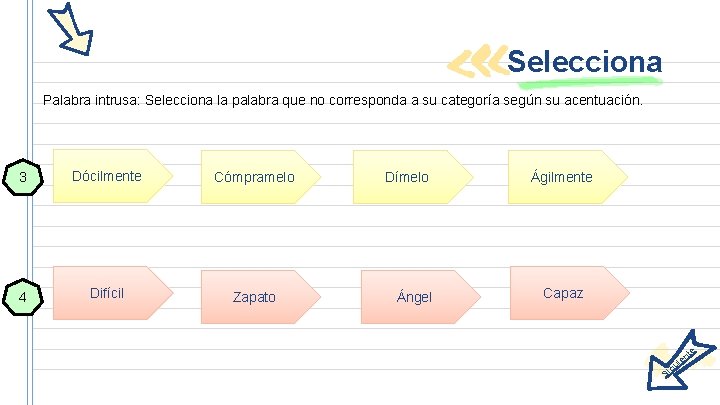 Selecciona Palabra intrusa: Selecciona la palabra que no corresponda a su categoría según su