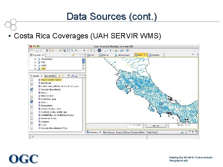 Data Sources (cont. ) • Costa Rica Coverages (UAH SERVIR WMS) Helping the World