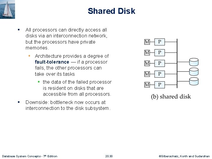 Shared Disk § All processors can directly access all disks via an interconnection network,