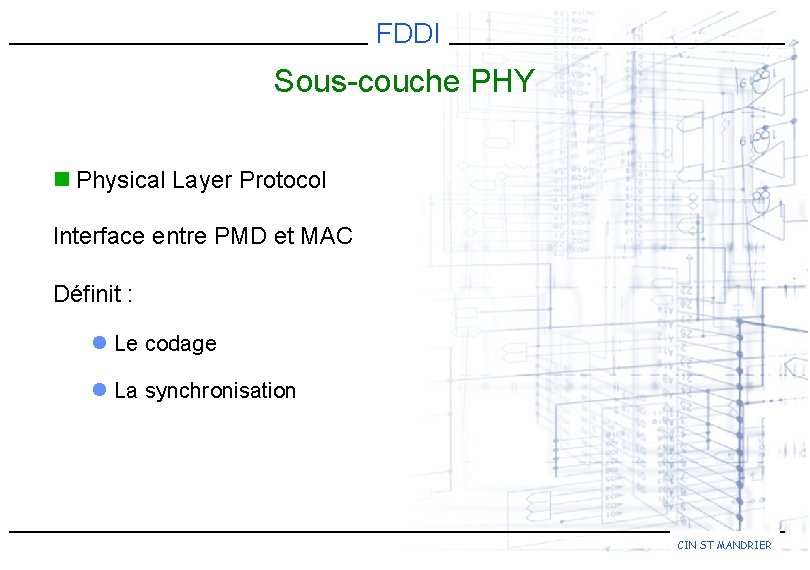 FDDI Sous-couche PHY n Physical Layer Protocol Interface entre PMD et MAC Définit :