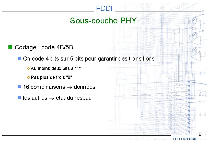 FDDI Sous-couche PHY n Codage : code 4 B/5 B l On code 4