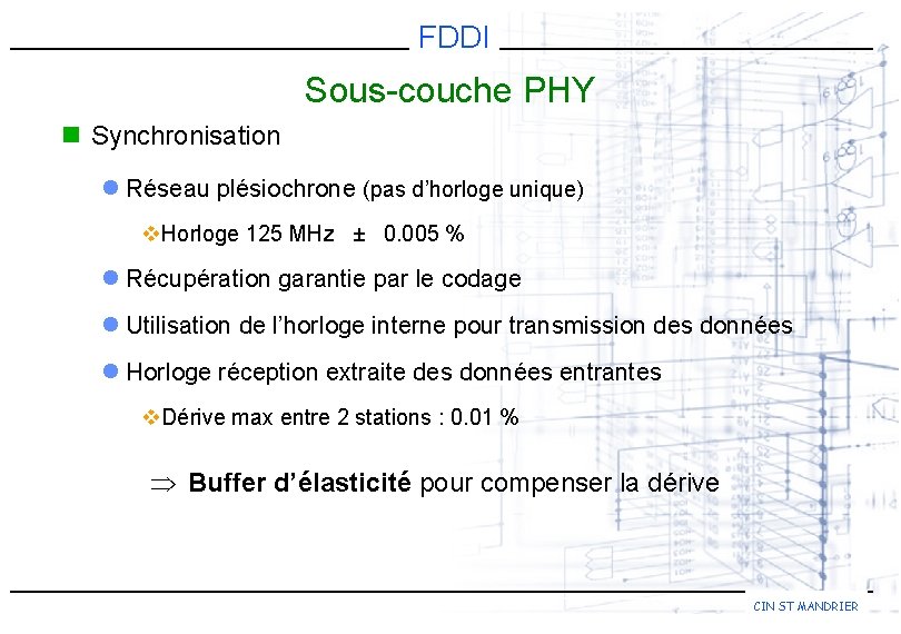 FDDI Sous-couche PHY n Synchronisation l Réseau plésiochrone (pas d’horloge unique) v. Horloge 125