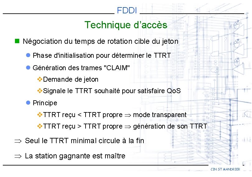 FDDI Technique d’accès n Négociation du temps de rotation cible du jeton l Phase