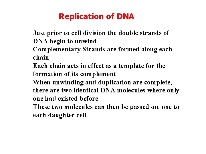 Replication of DNA Just prior to cell division the double strands of DNA begin