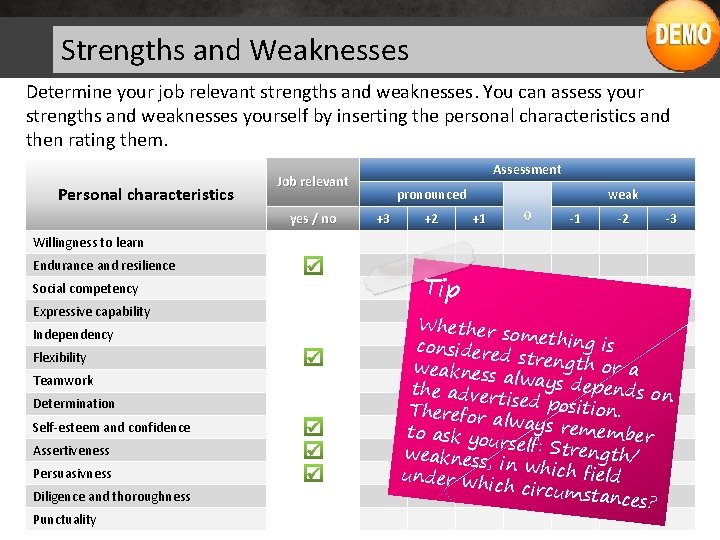 Strengths and Weaknesses Determine your job relevant strengths and weaknesses. You can assess your