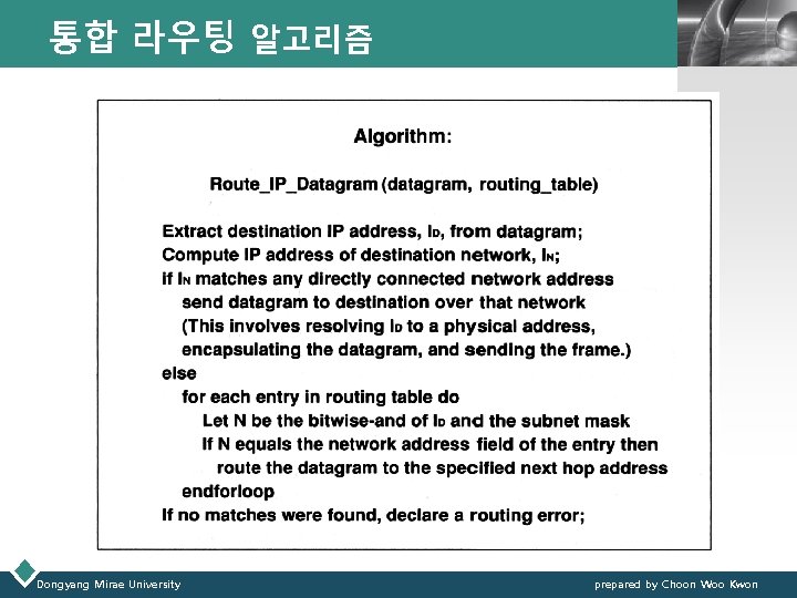 통합 라우팅 알고리즘 Dongyang Mirae University LOGO prepared by Choon Woo Kwon 