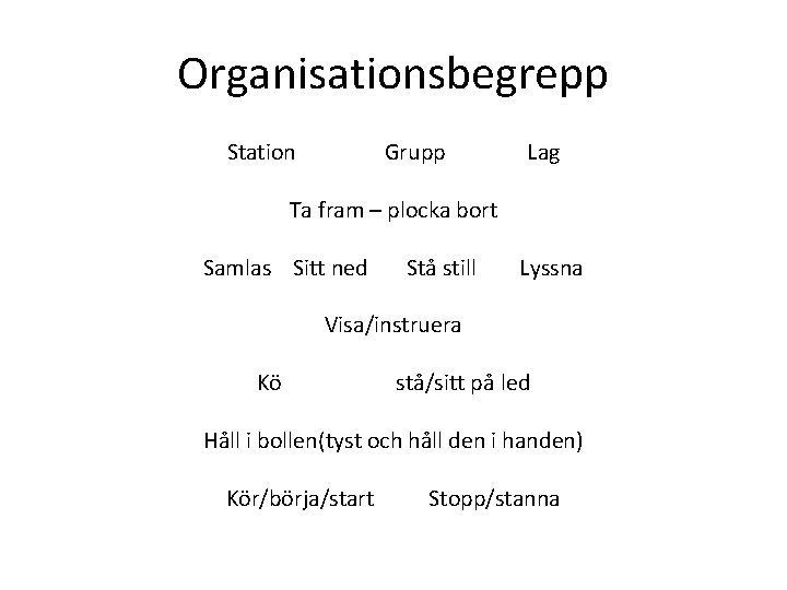 Organisationsbegrepp Station Grupp Lag Ta fram – plocka bort Samlas Sitt ned Stå still