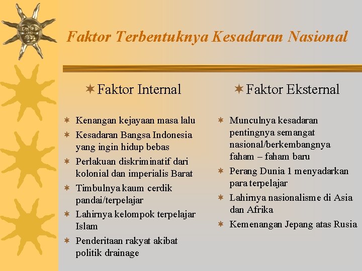 Faktor Terbentuknya Kesadaran Nasional ¬ Faktor Internal ¬ Kenangan kejayaan masa lalu ¬ Kesadaran